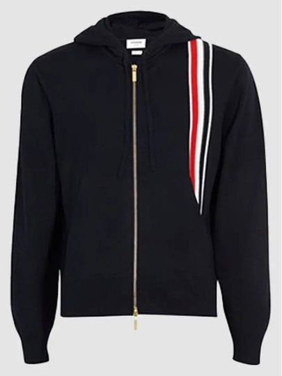 Three Stripe Intarsia Stitching Relaxed Fit Merino Wool Zip Up Hoodie Navy - THOM BROWNE - BALAAN 2