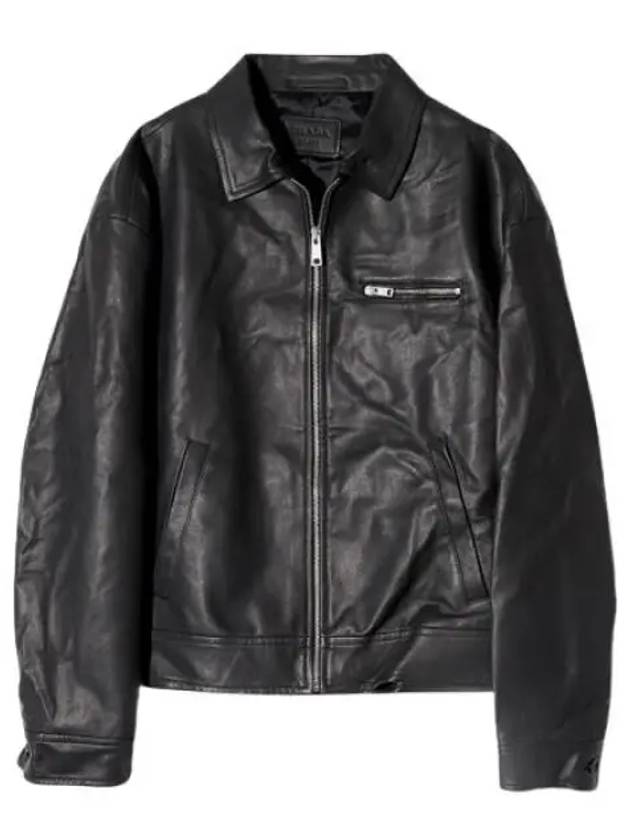 Triangle Logo Nappa Leather Zip Up Jacket Black - PRADA - BALAAN 2