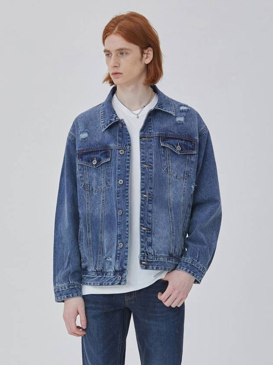 Denim Destroyed Overfit Trucker Jacket Indigo - CORK - BALAAN 2