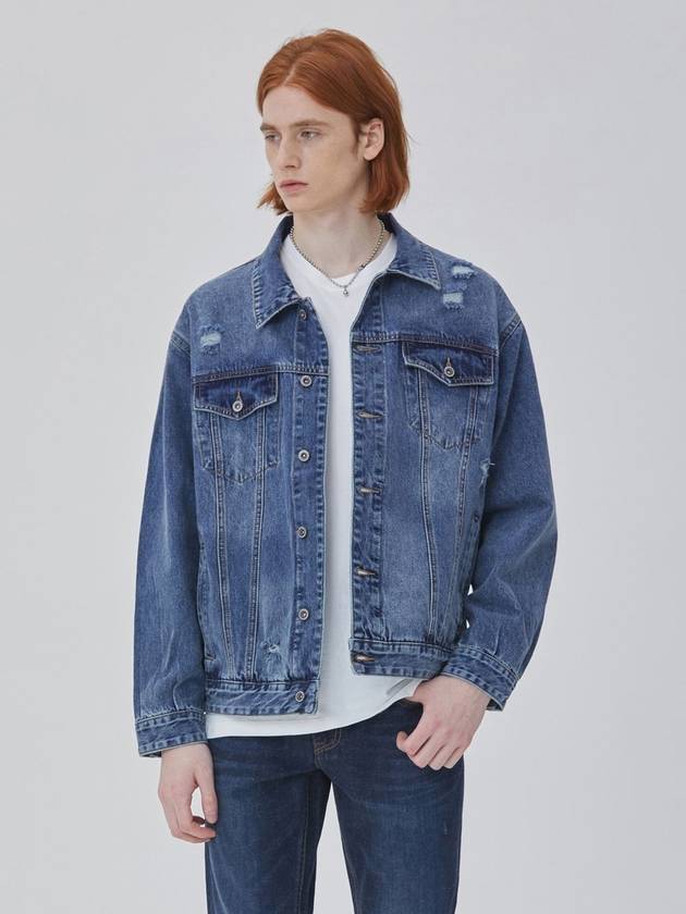 Destroyed Oversized Fit Trucker Denim Jacket Indigo - CORK - BALAAN 2