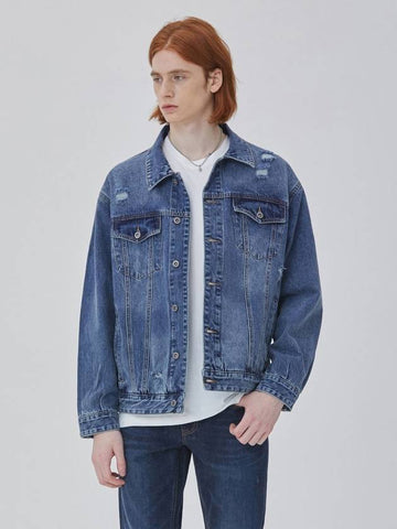 Destroyed Oversized Fit Trucker Denim Jacket Indigo - CORK - BALAAN 1