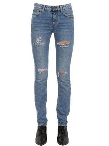 Destroyed Cotton Denim Jeans - SAINT LAURENT - BALAAN 1