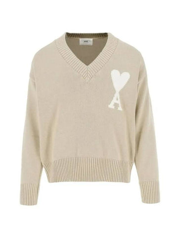 Big Heart Logo V-Neck Knit Top Beige - AMI - BALAAN 1