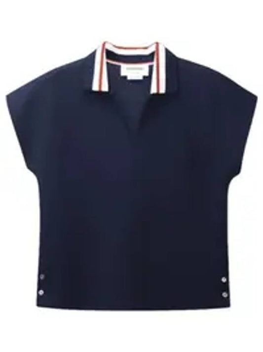 Women's Cricket Stripe Lightweight Cotton Short Sleeve Polo Shirt Navy - THOM BROWNE - BALAAN 1