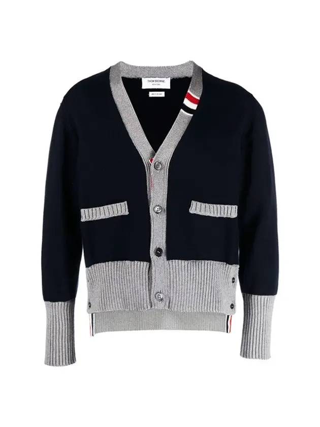 Three Stripe V Neck Cotton Cardigan Navy - THOM BROWNE - BALAAN 2