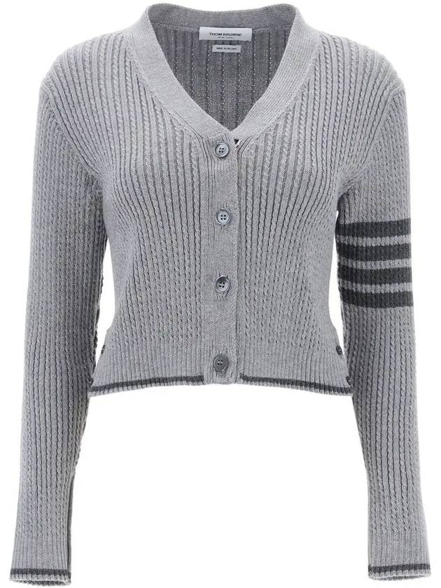 4 Bar Cable Wool Crop Cardigan Grey - THOM BROWNE - BALAAN 3