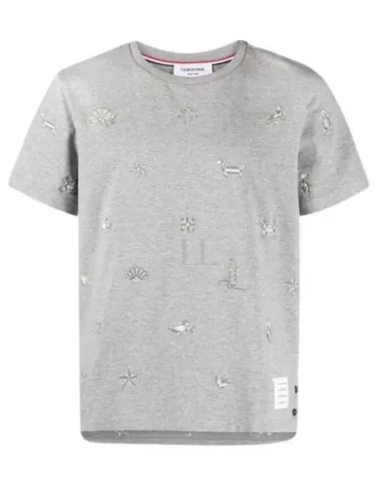 Embroidered Cotton Short Sleeve T-Shirt Grey - THOM BROWNE - BALAAN 2