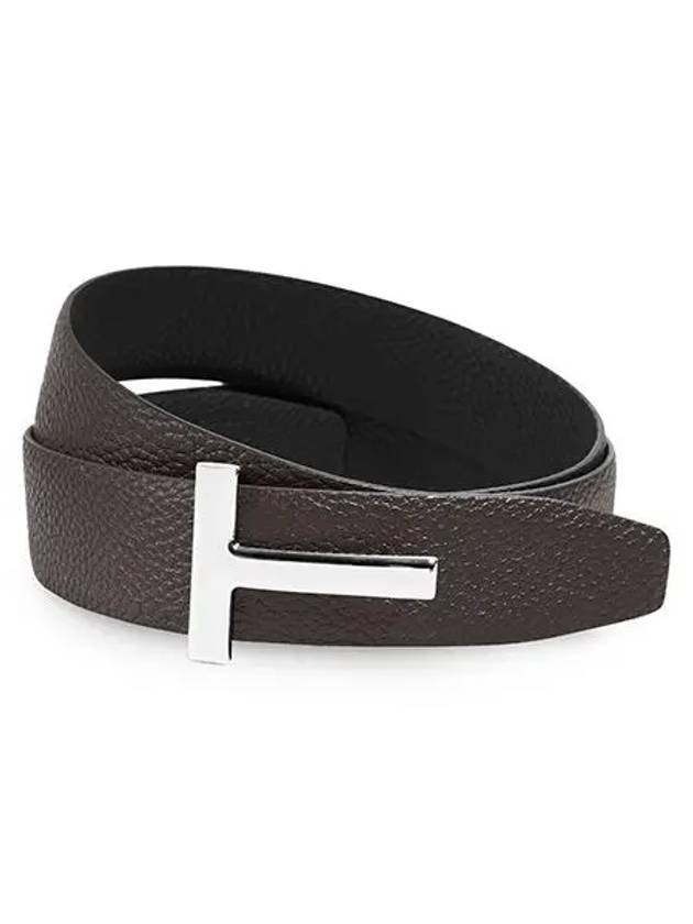 Silver Hardware T Logo Reversible Leather Belt Brown - TOM FORD - BALAAN 3