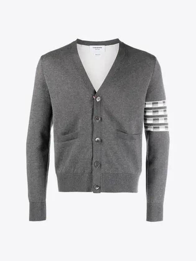 4-Bar V-Neck Hector Jacquard Cotton Cardigan Grey - THOM BROWNE - BALAAN 2