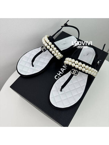 CC logo pearl pearl thong strap flip flop sandals black 375 G39182 - CHANEL - BALAAN 1