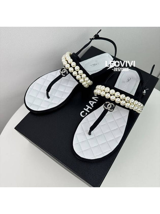 CC logo pearl pearl thong strap flip flop sandals black 375 G39182 - CHANEL - BALAAN 1