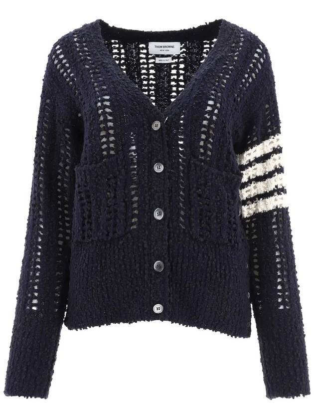 diagonal open rib stitch booklet relaxed fit V-neck cardigan navy - THOM BROWNE - BALAAN.
