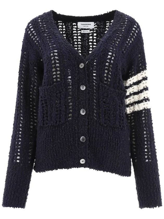 Solid Rip Stitch 4 Bar V Neck Cardigan Navy - THOM BROWNE - BALAAN 1