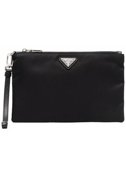 Saffiano Re Nylon Leather Strap Clutch Black - PRADA - BALAAN 2