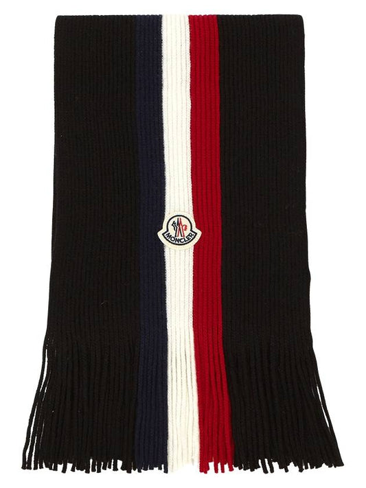 Tricolor Logo Patch Stripe Fringe Wool Muffler Black - MONCLER - BALAAN 2