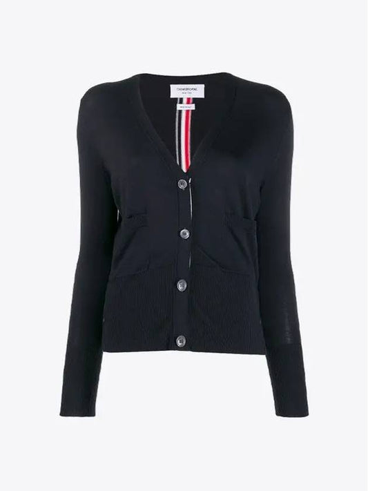 Silk Cotton Blend Relaxed V-Neck Cardigan Navy - THOM BROWNE - BALAAN.