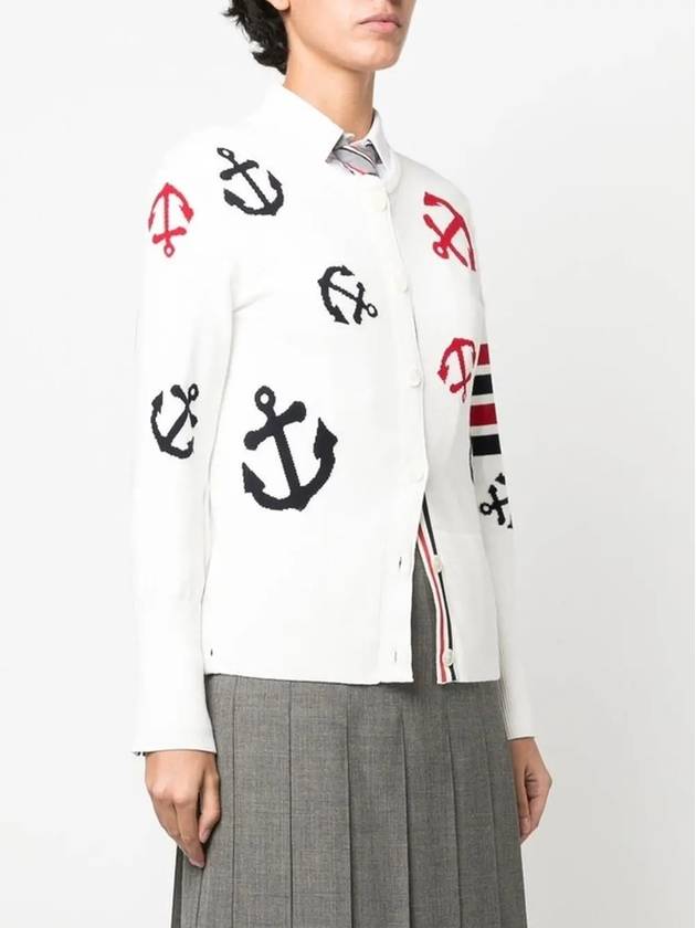 Cotton Anchor Intarsia 4 Bar Crew Neck Cardigan White - THOM BROWNE - BALAAN 4