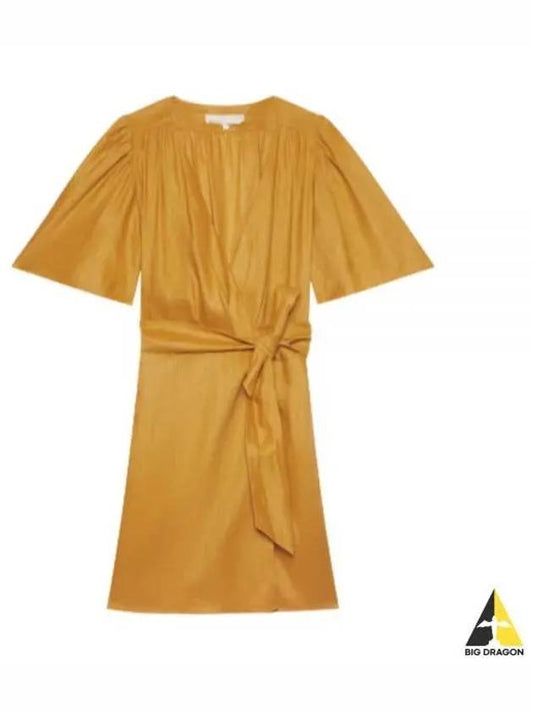 Women's V-neck Twisted Linen Midi Dress Yellow - VANESSA BRUNO - BALAAN 2