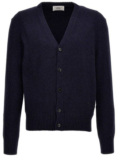 Heart Logo V Neck Cashmere Cardigan Navy - AMI - BALAAN 2