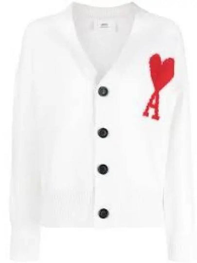 Intarsia Big Heart Logo Oversized Virgin Wool Cardigan White - AMI - BALAAN 2