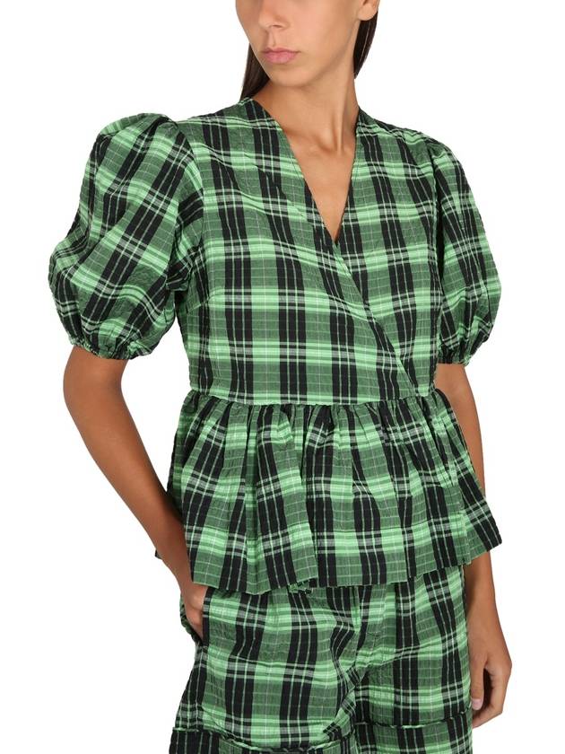 Check Wrap Blouse Green - GANNI - BALAAN 5