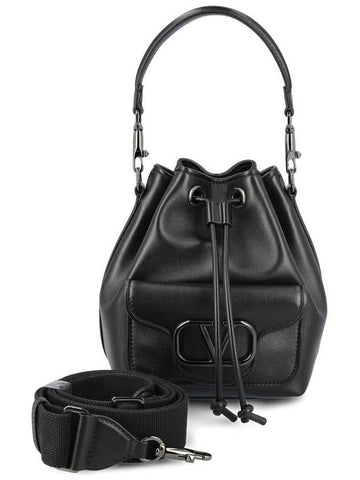 Women's VLogo Signature Drawstring Bucket Bag Black - VALENTINO - BALAAN 1