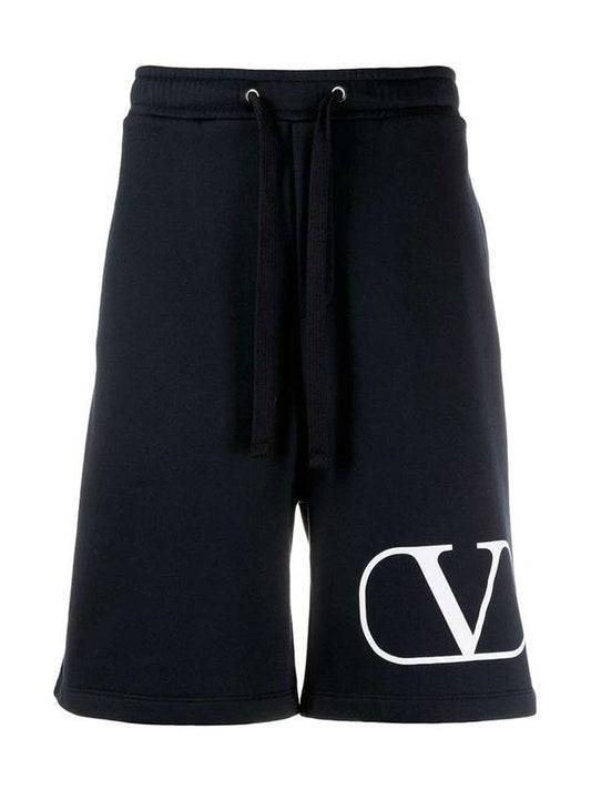Men's V Logo Print Shorts Navy - VALENTINO - BALAAN.