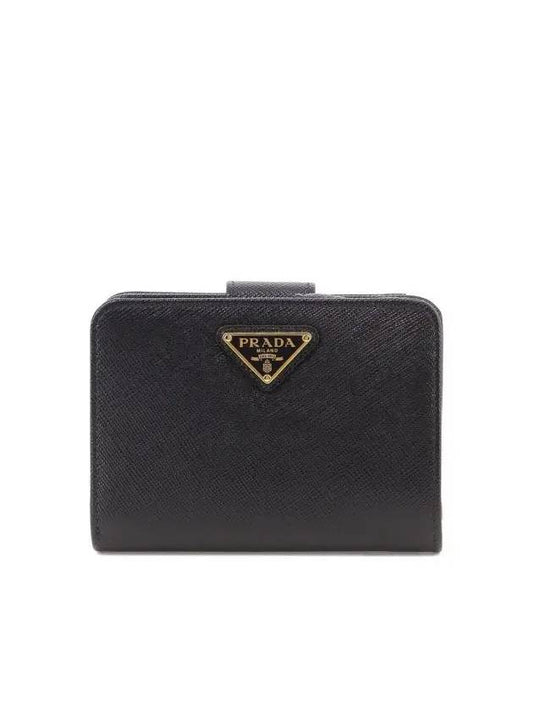 Triangle Logo Snap Button Saffiano Half Wallet Black - PRADA - BALAAN 2