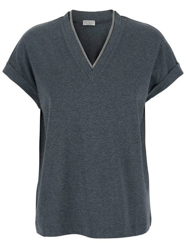 Grey V Neck T-Shirt With Monile Detail On The Neck In Cotton Woman - BRUNELLO CUCINELLI - BALAAN 1