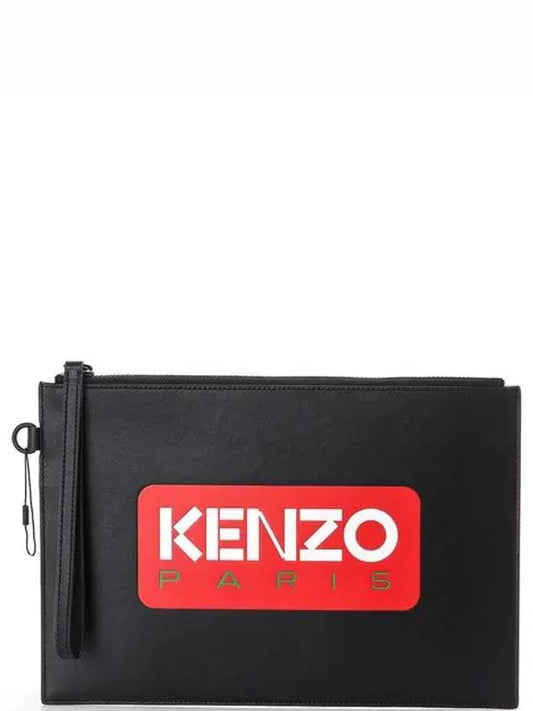 Paris Logo Large Leather Clutch Bag Black - KENZO - BALAAN 2