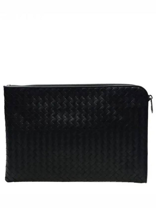 Intrecciato Weaving Zipper Medium Clutch Bag Black - BOTTEGA VENETA - BALAAN 2