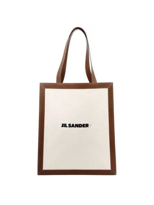 Women's Plus Logo Leather Canvas Tote Bag Beige - JIL SANDER - BALAAN 1
