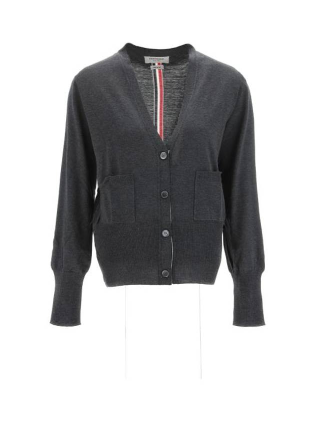 Silk Cotton Blend Relaxed V-Neck Cardigan Dark Grey - THOM BROWNE - BALAAN 2