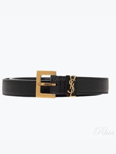 Cassandre Grained Leather Square Buckle Thin Belt Black - SAINT LAURENT - BALAAN 2