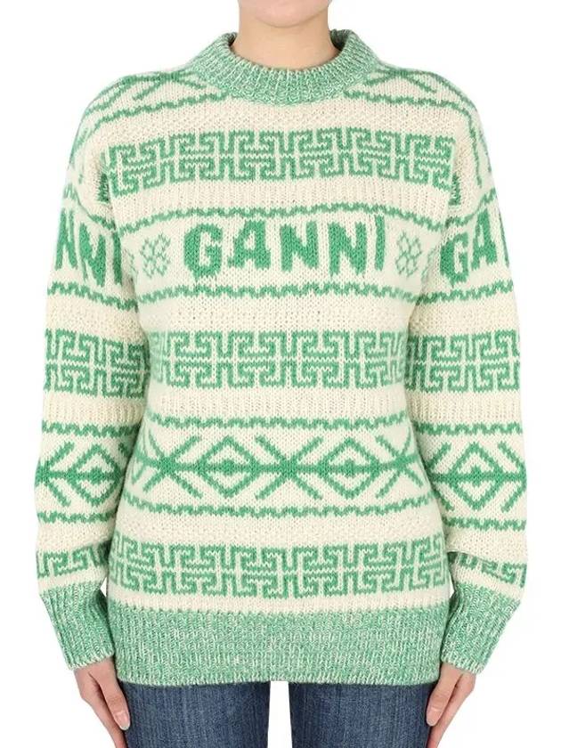 Jacquard Woven Logo Organic Wool Knit Top Green - GANNI - BALAAN 2