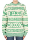 Jacquard Woven Logo Organic Wool Knit Top Green - GANNI - BALAAN 3