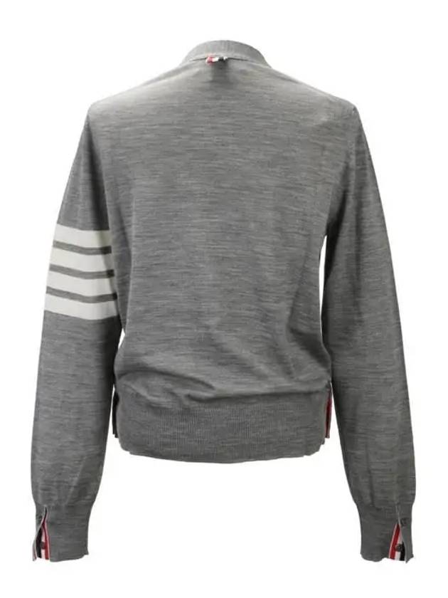 Sustainable Fine Merino Wool 4-Bar Relaxed Fit V-Neck Cardigan Light Grey - THOM BROWNE - BALAAN 4