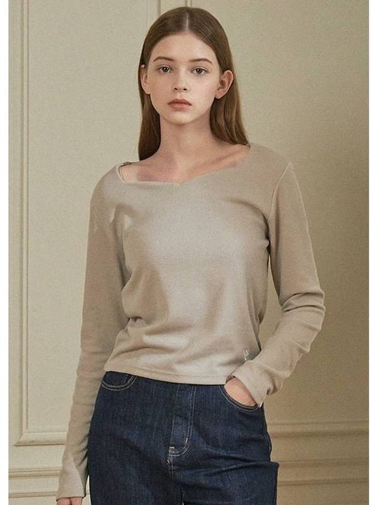 Women Ivy Heart Neck Long Sleeve T-Shirt Beige - MICANE - BALAAN 1