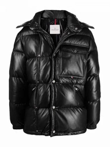 PROMIO Big Logo Patch Hooded Leather Down Jacket Black Men s Padding 233530 - MONCLER - BALAAN 1