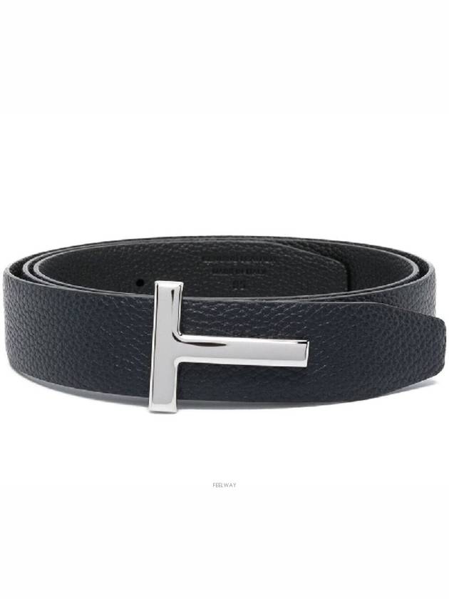 Silver Hardware T Logo Reversible Leather Belt Dark Navy - TOM FORD - BALAAN 2