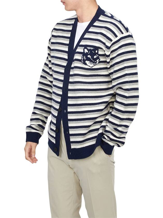 Fox Head Intarsia Striped Comfort Cardigan Navy White - MAISON KITSUNE - BALAAN 5