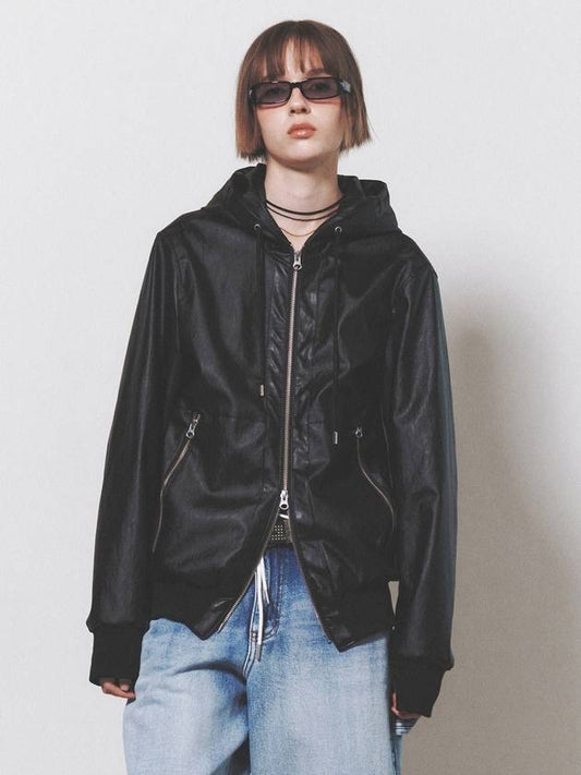 Leather Hooded Jacket Black - NUAKLE - BALAAN 1