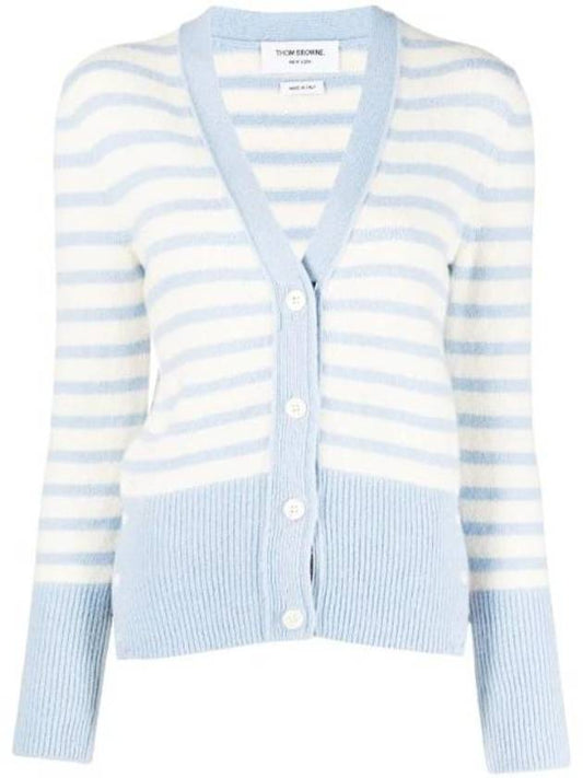 THOM BROWNE Women's Striped Jersey Hairy Silk Cashmere Cardigan Blue FKC490A Y8007 475 - THOM BROWNE - BALAAN