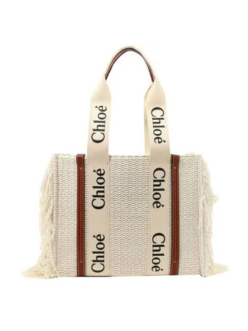 Woody Medium Cotton Knit Calfskin Tote Bag Ivory - CHLOE - BALAAN 1