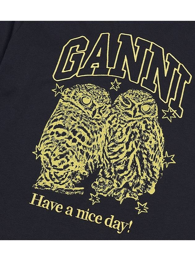 Owls Print Cotton Short Sleeve T-Shirt Black - GANNI - BALAAN 6