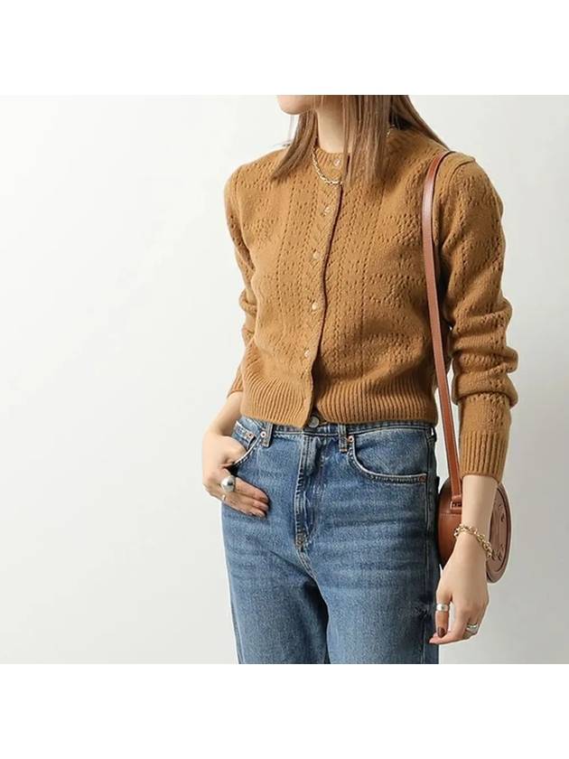 Crew Neck Cardigan In Triomphe Cashmere And Silk Pointelle Camel - CELINE - BALAAN 4