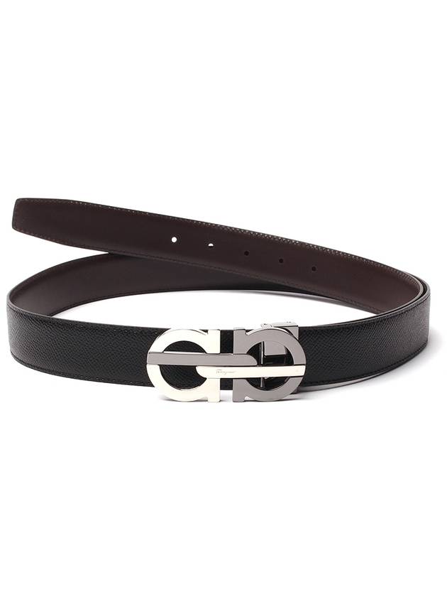 Men's Double Gancini Reversible Leather Belt Black Testa di Moro - SALVATORE FERRAGAMO - BALAAN 2