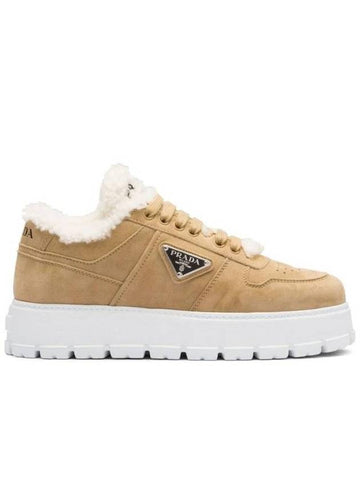 Triangle Logo Shearling Suede Low-Top Sneakers Ecru - PRADA - BALAAN 1