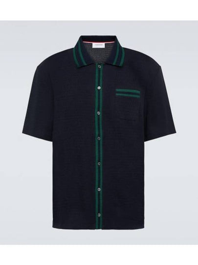 Pointelle Striped Racking Stitch Cotton Short Sleeve Shirt Navy - THOM BROWNE - BALAAN 2