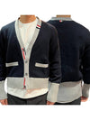 Three Stripe V Neck Cotton Cardigan Navy - THOM BROWNE - BALAAN 2